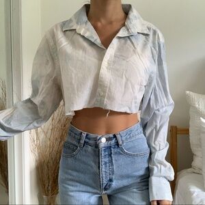 Bleached Perry Ellis Blue Long Sleeve Crop Shirt
